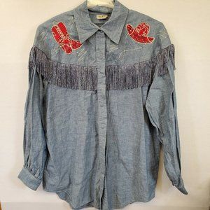 Vintage Ann n Eve Women's Fringe Glitter Western Chambray Shirt Sz L Made USA